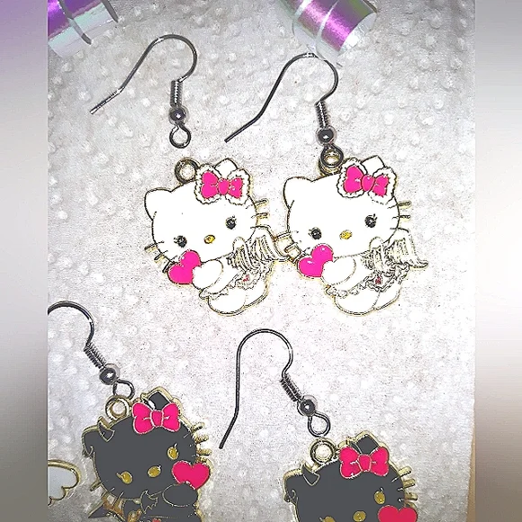 Hello Kitty White Cupid Dangle Earrings Enamel on Stainless Steel Earwires NEW - Picture 6 of 7